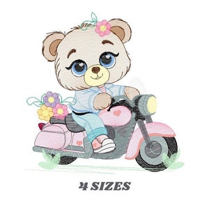 バイクに乗ったクマの刺繍デザイン - バイクの刺繍デザイン機械刺繍パターン - 男の子の赤ちゃんの刺繍ファイル - バイカー クマ スクーター