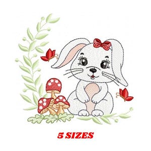 Diseño de bordado de conejita hembra - Patrón de bordado a máquina de conejo con encaje y marco de laurel - Niña animal del bosque - Descarga instantánea pes