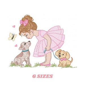 Baby Girl with dogs embroidery designs - Dogwalker machine embroidery pattern - Girl with puppies file - Instant digital download pes jef