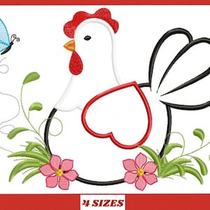 May include: Embroidered design of a white chicken with a red comb and wattle, sitting in a nest of green leaves and pink flowers. A blue butterfly is flying above the chicken. The design includes the text "24 SIZES".