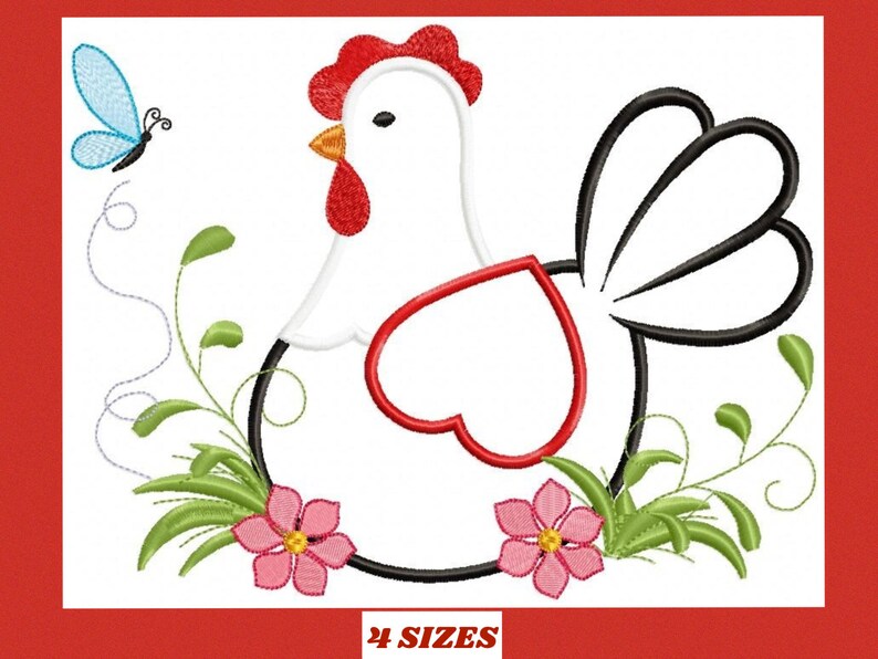 May include: Embroidered design of a white chicken with a red comb and wattle, sitting in a nest of green leaves and pink flowers. A blue butterfly is flying above the chicken. The design includes the text "24 SIZES".