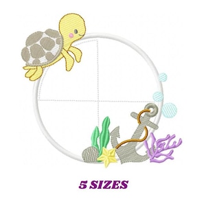 Diseño de bordado de marco con tortuga y algas marinas - Patrón de bordado a máquina de marco con ancla oceánica - Aplique de marco - Descarga digital instantánea en formato PES