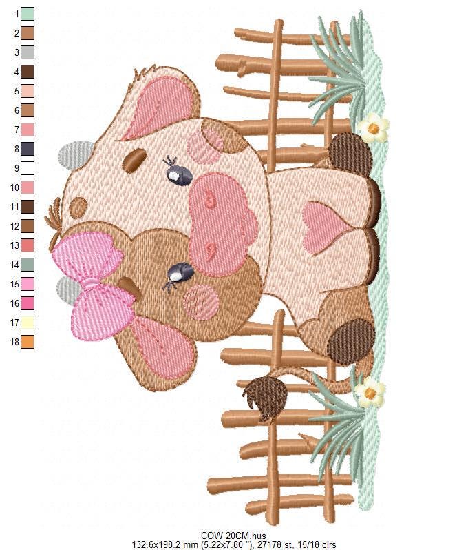 リボン付き牛のレース刺繍デザイン - 農場の動物牧場の機械刺繍