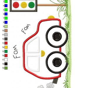 Large size stitch diagram, dense stitch counts and color strip, playful vehicle applique embroidery pattern with traffic light
