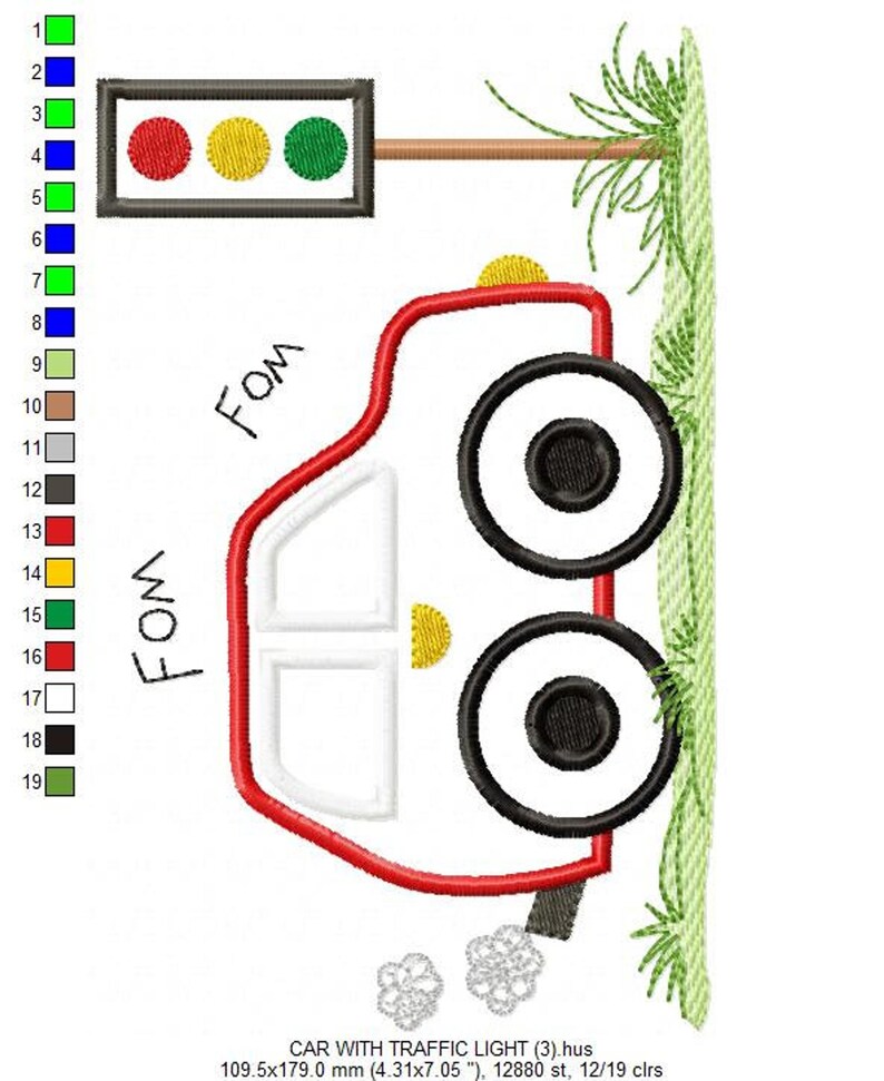 Large size stitch diagram, dense stitch counts and color strip, playful vehicle applique embroidery pattern with traffic light