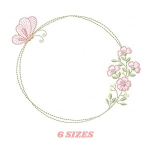 May include: A circular embroidery design featuring a pink butterfly and pink flowers with green leaves. The design is surrounded by a double-lined circle.