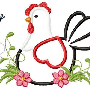 May include: Embroidered design of a white chicken with a red comb and black tail feathers. The chicken is surrounded by green leaves and pink flowers. A blue butterfly is flying above the chicken.