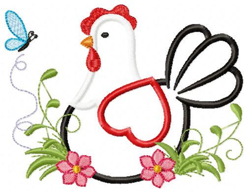 May include: Embroidered design of a white chicken with a red comb and black tail feathers. The chicken is surrounded by green leaves and pink flowers. A blue butterfly is flying above the chicken.