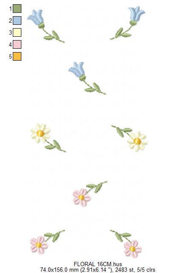 May include: Embroidered floral design featuring blue bellflowers, white daisies with yellow centers, and pink flowers. The design includes green stems and leaves. The text "FLORAL 16CM.hus" is at the bottom.