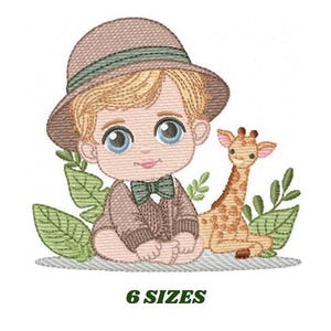 May include: Embroidered design of a young boy wearing a brown hat and a brown jacket with a bow tie, sitting with a giraffe. The boy has blonde hair and blue eyes. The giraffe is brown and white with a pink nose. The design is surrounded by green leaves.
