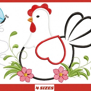 May include: Embroidered design of a white chicken with a red comb and wattle, sitting in a nest of green leaves and pink flowers. A blue butterfly is flying above the chicken. The design includes the text "24 SIZES".