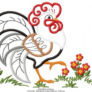 Medium scale rooster with scattered red flowers, color legend at left for embroidery, rooster applique embroidery design