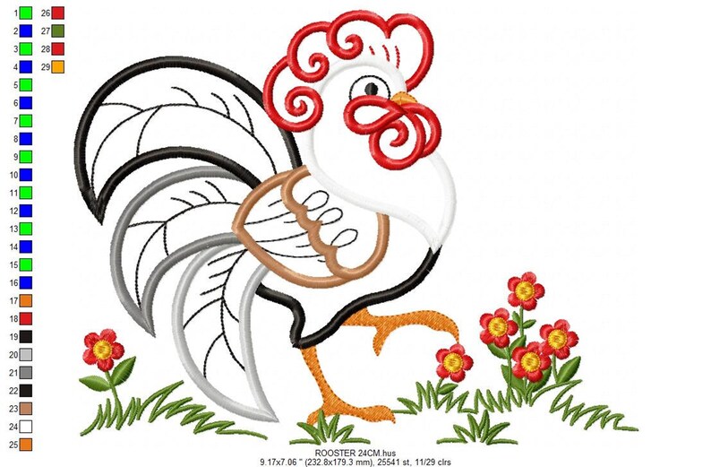 Medium scale rooster with scattered red flowers, color legend at left for embroidery, rooster applique embroidery design