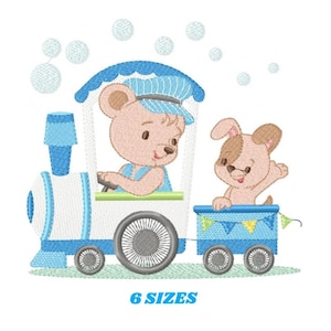 Bear on Train Embroidery Designs – Baby Boy Machine Embroidery (Digital Download)