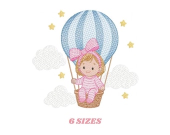Baby Girl Hot Air Balloon Embroidery Design, Clouds, Stars (Digital Download)