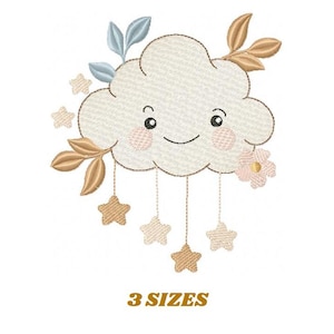 May include: An embroidered design featuring a smiling cloud with rosy cheeks, adorned with leaves, flowers, and hanging stars. The text "3 SIZES" is displayed in gold lettering below the cloud. The design is suitable for baby items.