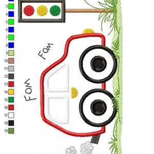 Detailed color key and stitch map beside the red car, shows stitch sequence and thread blocks, toddler car applique pattern