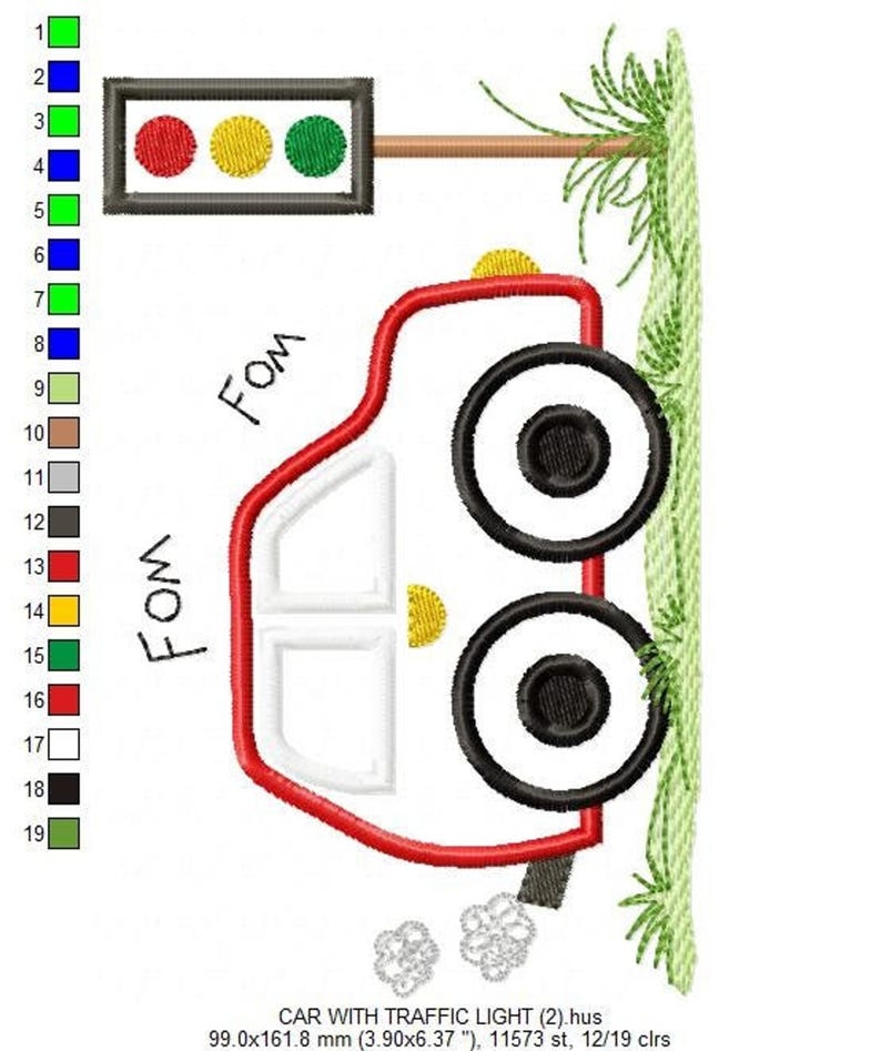 Detailed color key and stitch map beside the red car, shows stitch sequence and thread blocks, toddler car applique pattern