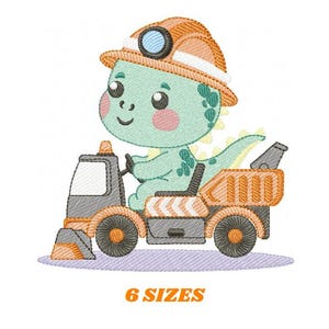 May include: A green dinosaur wearing an orange construction hat drives a yellow and orange dump truck. The truck has a black and gray cab and a black and gray scoop.