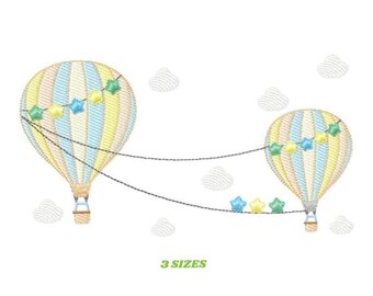 Hot Air Balloon Embroidery Design - Stars and Clouds, Baby Boy File (Digital Download PES)