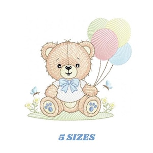 May include: An embroidered design of a teddy bear holding pastel balloons. The bear is light brown with a blue bow tie and is sitting on a patch of grass with butterflies and flowers. The text "5 SIZES" is below the bear.
