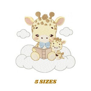 Reading Giraffe embroidery design - Safari Wild Animal with cub machine embroidery pattern - Baby Boy reading a book - Instant download pes