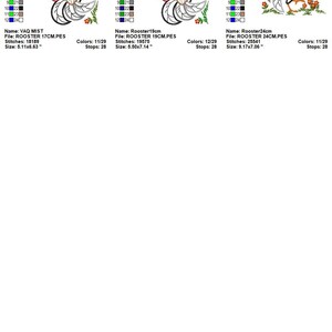 Three size previews and small format thumbnails with stitch summaries, rooster applique embroidery design size options