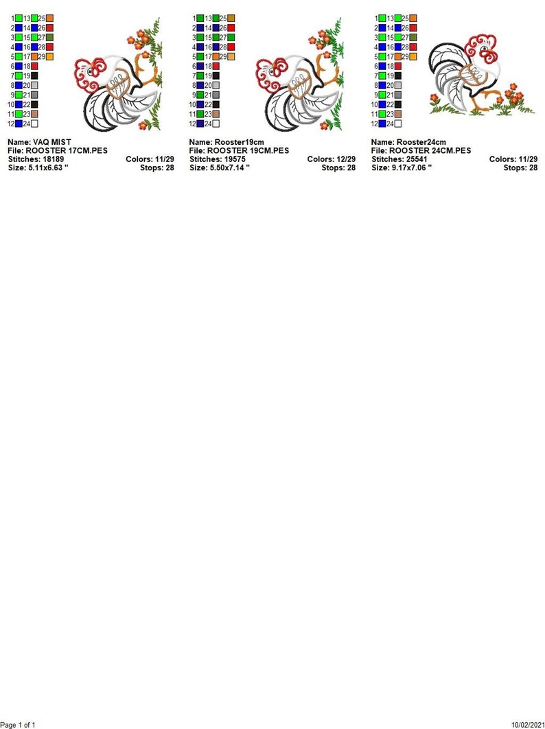 Three size previews and small format thumbnails with stitch summaries, rooster applique embroidery design size options