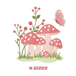 May include: An embroidered design featuring a cluster of red mushrooms with white polka dots, a pink butterfly, and red berries. The design is on a green grassy base. Text at the bottom reads "4 SIZES".