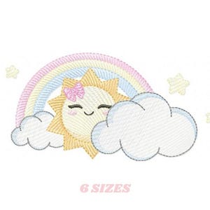 May include: An embroidered design featuring a smiling sun with a pink bow, a rainbow, and fluffy clouds. The design includes stars and the text "6 SIZES" in pink. The artwork is on a white background.