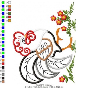 Vertical view with rooster and trailing floral vine, color swatch column visible, rooster applique embroidery design