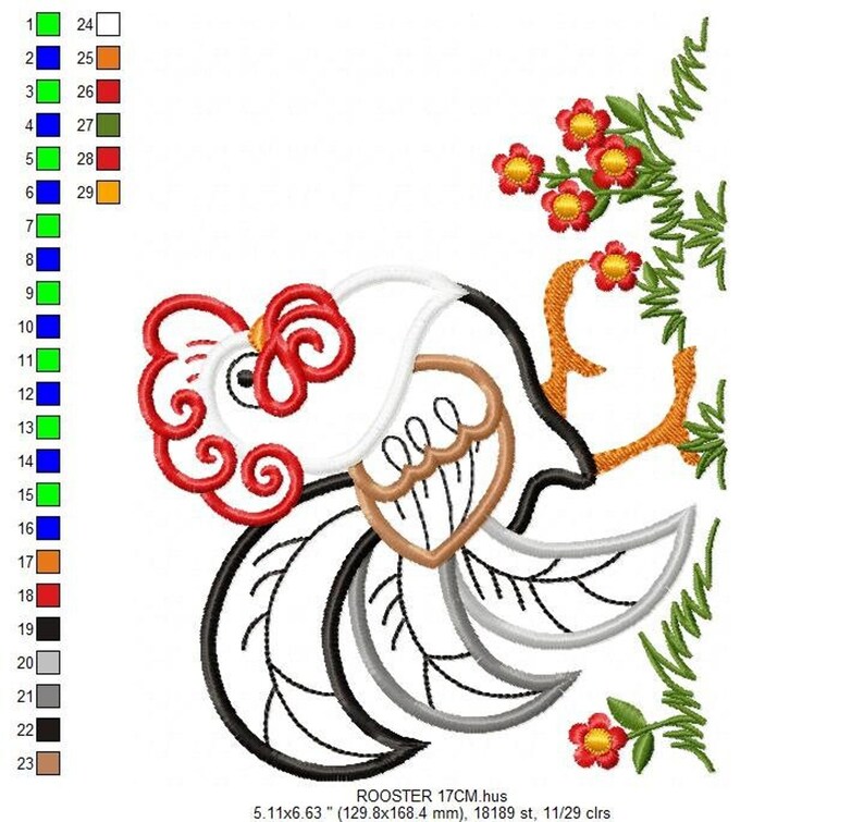 Vertical view with rooster and trailing floral vine, color swatch column visible, rooster applique embroidery design