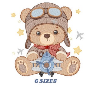 May include: A cute teddy bear illustration wearing a brown aviator hat and goggles, a red scarf, and a brown jacket. The bear is holding a blue and white airplane. Yellow stars and gray airplanes are in the background. Text reads "6 SIZES".