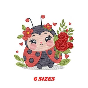 Disegni da ricamo coccinella con rose - Modello da ricamo a macchina con animali da giardino con fiori - File di vita degli insetti - Download immediato pes jef