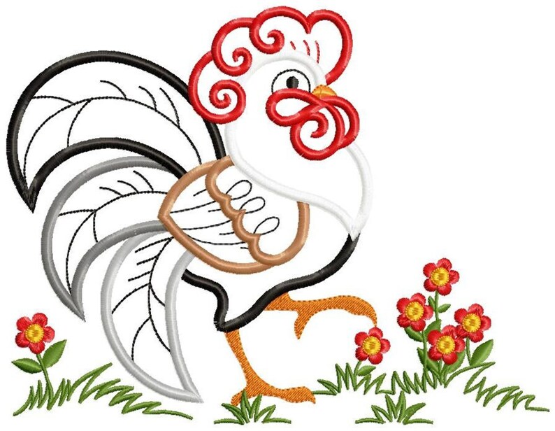 Large view showing satin outline and filled areas on the rooster, farmhouse kitchen rooster applique embroidery design