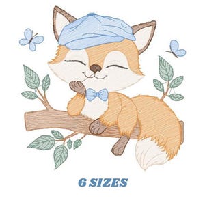 Puede incluir: Un lindo zorro de dibujos animados con un sombrero azul y una pajarita se sienta en una rama con hojas verdes y mariposas azules. El texto "6 SIZES" está debajo del zorro.