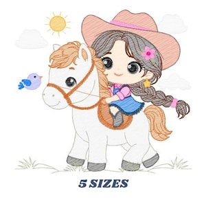 May include: A cartoon illustration of a girl wearing a pink cowboy hat riding a white horse. The girl has brown hair and is wearing a blue denim shirt and jeans. The horse has a brown mane and tail. There is a blue bird flying in the background.