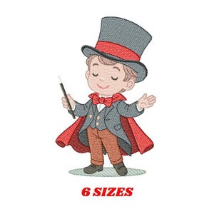 May include: An embroidered design of a young magician in a top hat, red cape, and bow tie, holding a wand. The illustration features a cartoon style with a neutral expression. The text "6 SIZES" is displayed in red at the bottom.