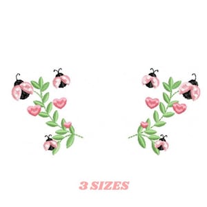 Puede incluir: Diseño de bordado con dos ramas simétricas con flores rosas y mariquitas. El diseño incluye el texto "3 SIZES".