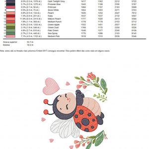 May include: An embroidery design of a ladybug with a red body and black spots, with pink and green floral elements. The design is likely for machine embroidery.