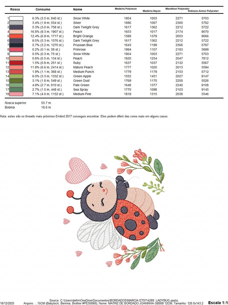 May include: An embroidery design of a ladybug with a red body and black spots, with pink and green floral elements. The design is likely for machine embroidery.