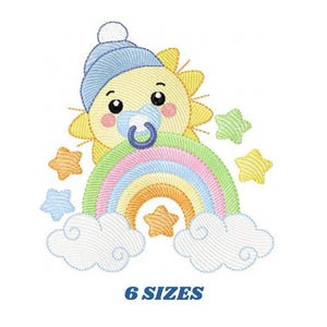 May include: An embroidered design featuring a smiling sun wearing a blue hat and holding a pacifier, with a rainbow and stars. The design is in pastel colors and includes the text "6 SIZES" at the bottom.