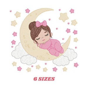女の赤ちゃんの刺繍デザイン - 月の下で眠る新生児の刺繍デザイン、機械刺繍パターン - 夜空の星 - 即時ダウンロード
