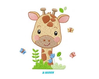 Diseño de bordado de jirafa - Animal con mariposas (Descarga digital)