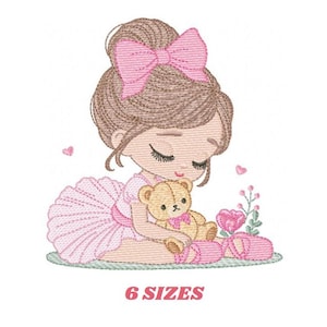 May include: An embroidered design of a young girl with brown hair and a pink bow, wearing a pink tutu and holding a teddy bear. Pink ballet slippers and flowers are also included in the design. The text "6 SIZES" is at the bottom.