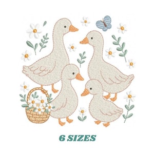 May include: An embroidered design featuring four geese, daisies, a butterfly, and a basket of flowers. The geese are light beige with orange beaks and feet. The text "6 SIZES" is at the bottom in teal.