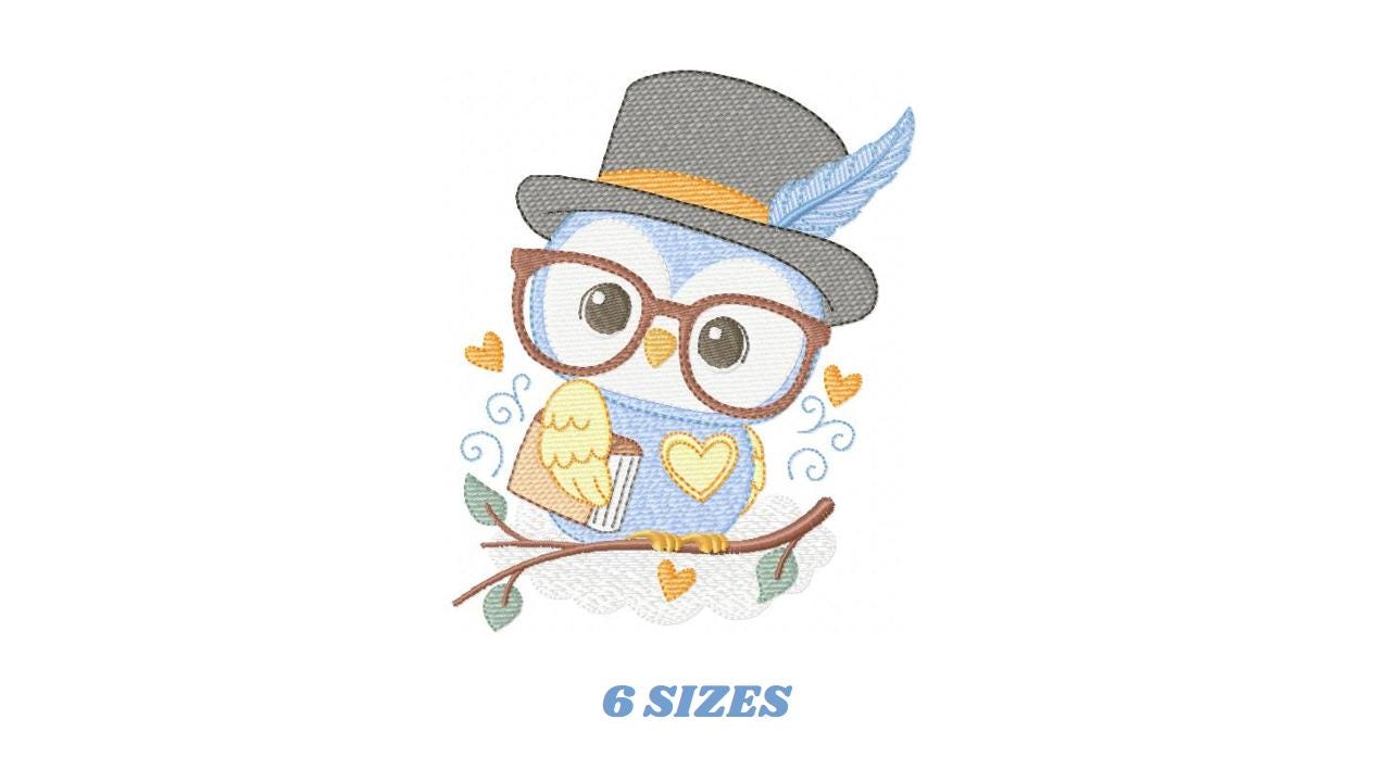 Owl embroidery design - Bird with glasses machine embroidery pattern - Baby Boy Owl with Top hat and