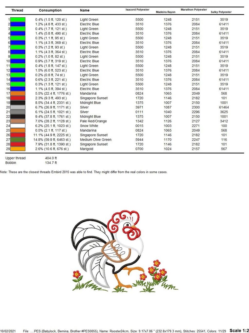 Detailed thread color chart and stitch counts table for multiple formats, rooster applique embroidery design files