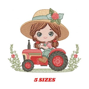 May include: Embroidered design of a girl wearing a straw hat and overalls driving a red tractor with green plants and red flowers around her.