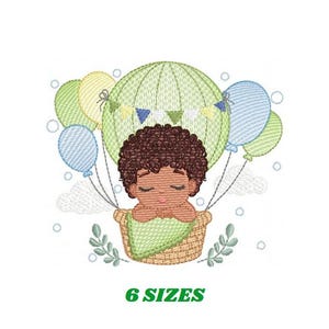 Diseños de bordado de niño durmiendo con globos - Patrón de bordado a máquina de niño con cabello rizado negro - Carta natal - Descarga instantánea